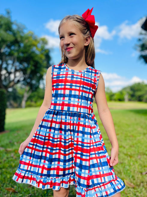 Girls Patriotic Plaid Dress with Matching Bow - Bowtism